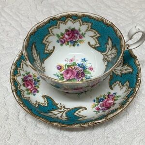 Royal Grafton Academy pattern fine bone china teacup & saucer, blue/white/pink